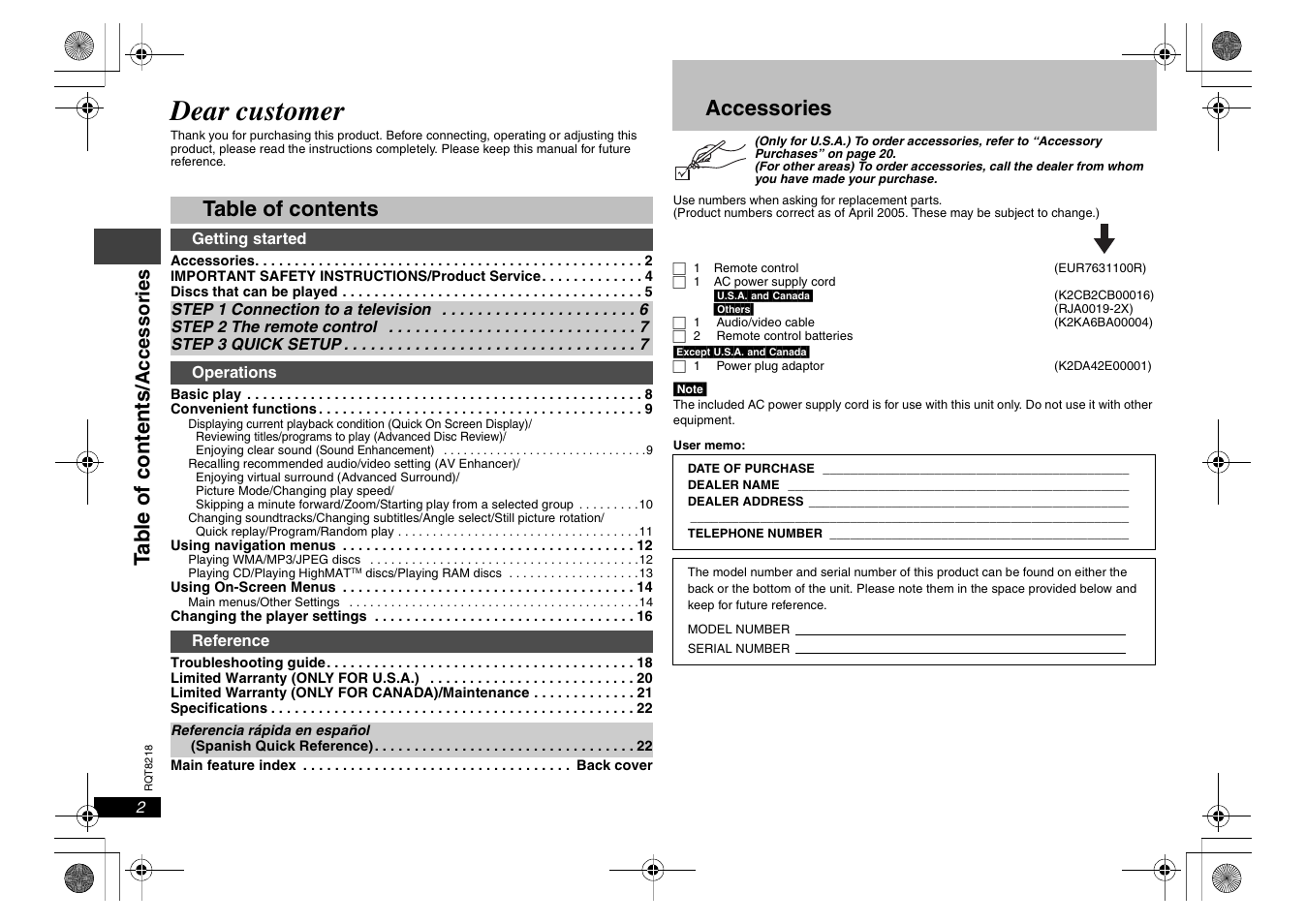 Panasonic RQT8218-P User Manual | Page 2 / 24