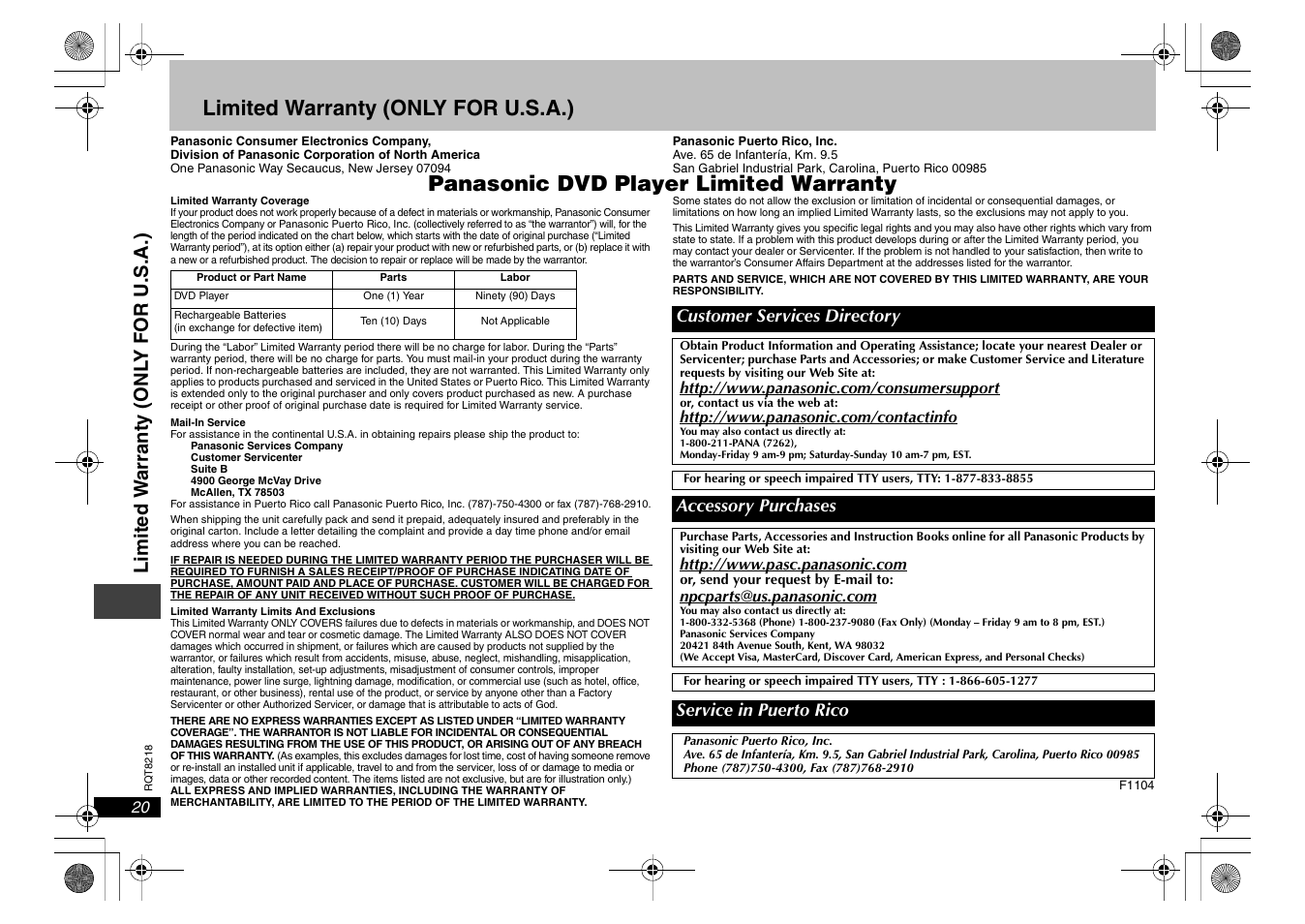 Limited warranty (only for u.s.a.), Panasonic dvd player limited warranty, Li mit ed w a rra nty (onl y for u .s.a. ) | Panasonic RQT8218-P User Manual | Page 20 / 24