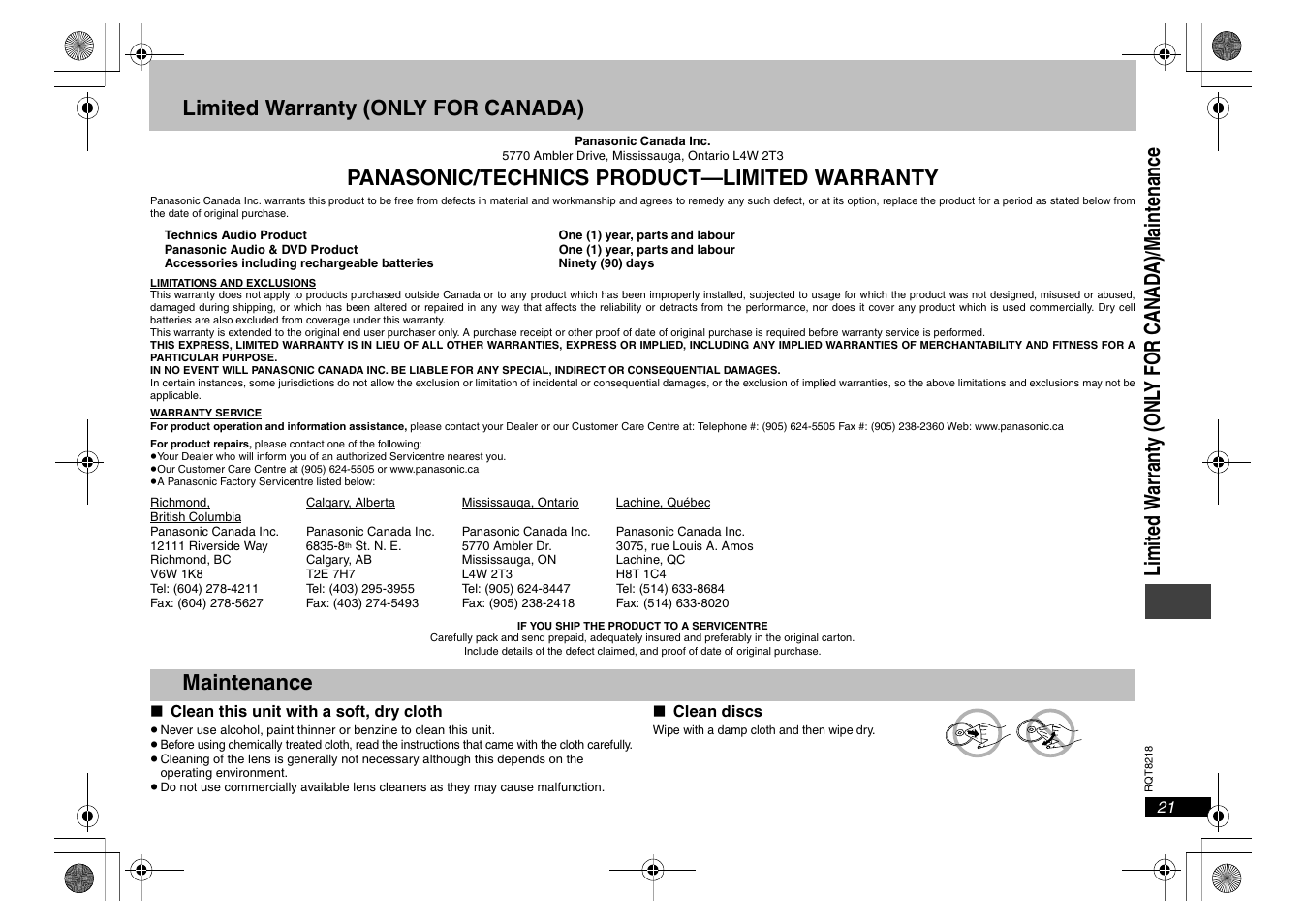 Limited warranty ( only for canada), Limited warranty (only for canada), Panasonic/technics product—limited warranty | Maint ena nc e | Panasonic RQT8218-P User Manual | Page 21 / 24