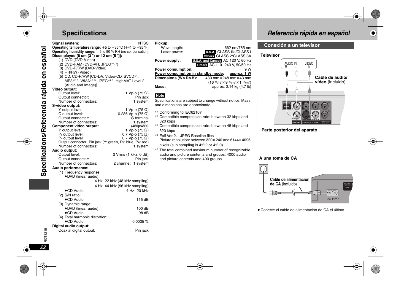 Specifications, Referencia rapida en espanol, Referencia rápida en español | Sp e c if ic a ti o n s | Panasonic RQT8218-P User Manual | Page 22 / 24