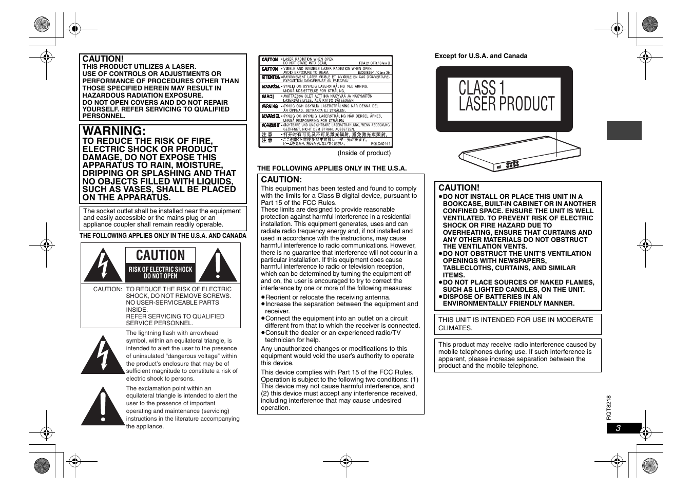 Class 1 laser product, Caution, Warning | Panasonic RQT8218-P User Manual | Page 3 / 24