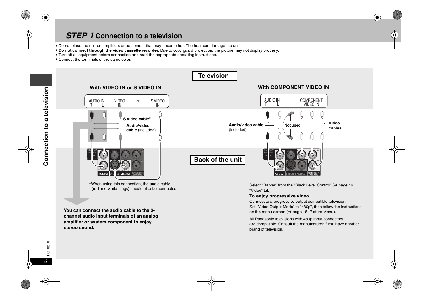 Step 1 connection to a television, Step 1, Connection to a television | Television, Back of the unit c o nnecti on to a te le vi sion | Panasonic RQT8218-P User Manual | Page 6 / 24