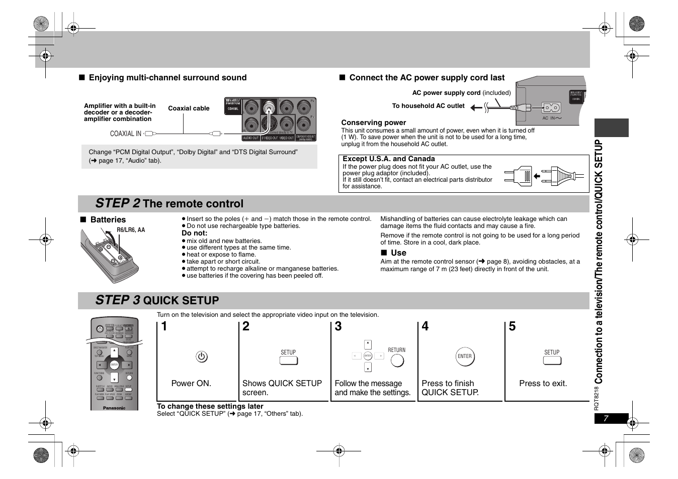 Step 2 the remote control, Step 3 quick setup, Step 2 | Step 3, The remote control, Quick setup, Se t u p | Panasonic RQT8218-P User Manual | Page 7 / 24
