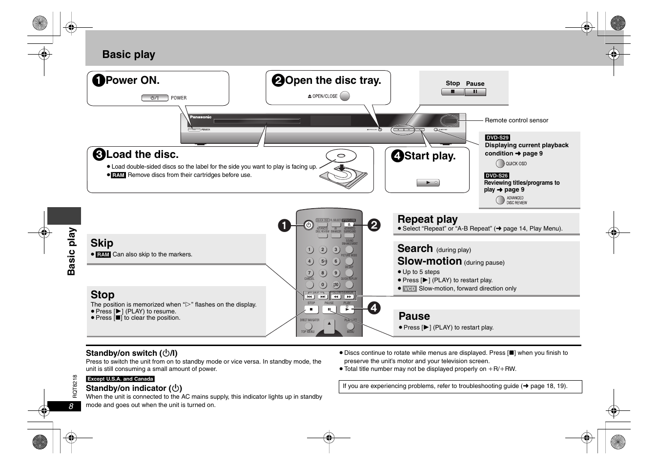 Operations, Basic play, Power on | Open the disc tray, Load the disc, Start play, Skip, Stop, Search, Slow-motion | Panasonic RQT8218-P User Manual | Page 8 / 24