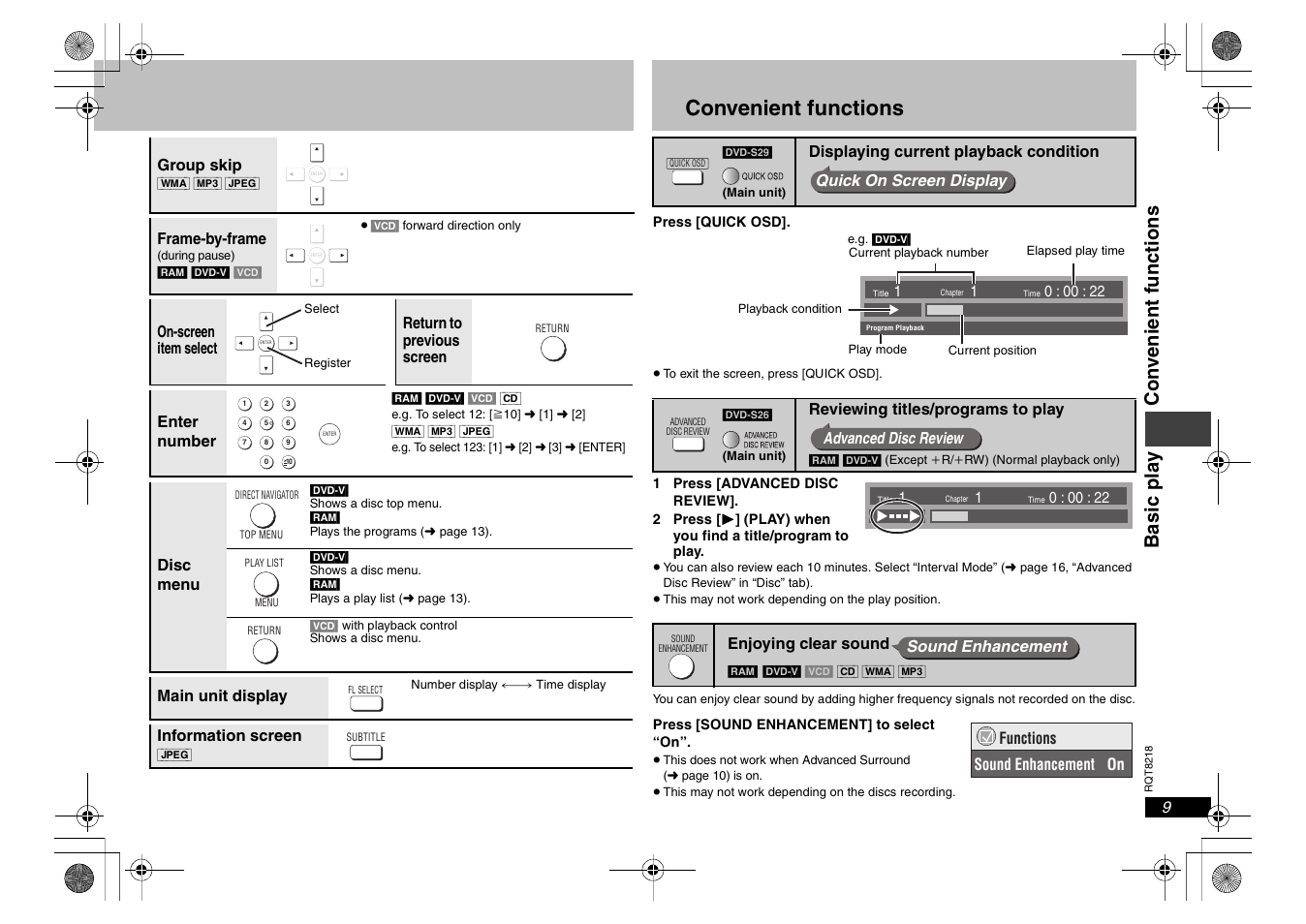 Convenient functions, Basic pl a y con veni ent func ti ons | Panasonic RQT8218-P User Manual | Page 9 / 24