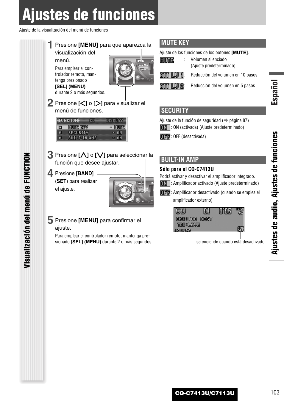 Ajustes de funciones (ajuste de seguridad, etc.), Ajustes de funciones, Español | Panasonic CQ-C7413U User Manual | Page 103 / 114