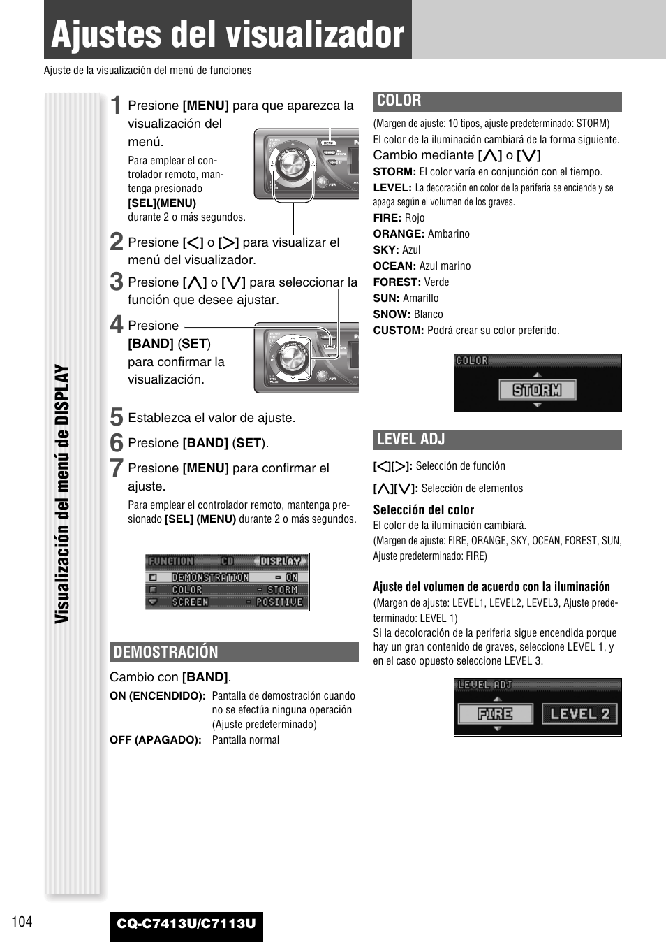 Ajustes del visualizador, Visualización del menú de displa y | Panasonic CQ-C7413U User Manual | Page 104 / 114