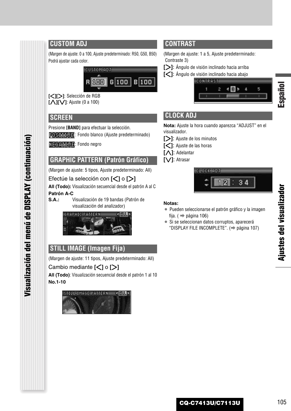 Español, Graphic pattern (patrón gráfico), Custom adj | Screen, Still image (imagen fija), Contrast, Clock adj | Panasonic CQ-C7413U User Manual | Page 105 / 114