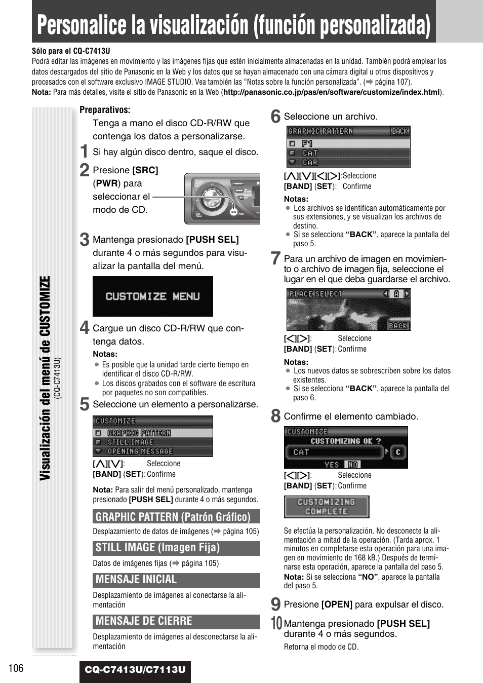 Visualización del menú de customize | Panasonic CQ-C7413U User Manual | Page 106 / 114