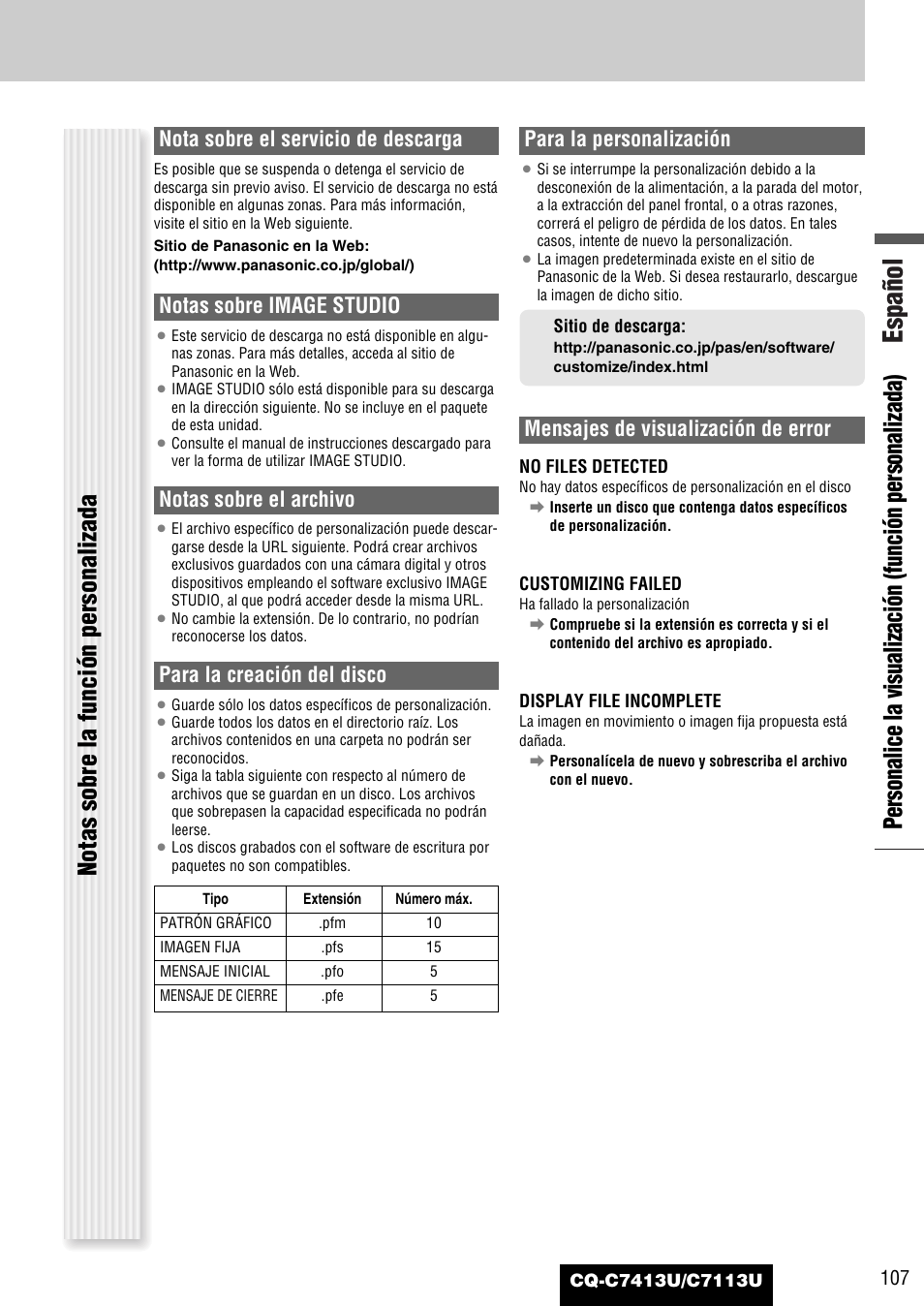 Español, Nota sobre el servicio de descarga, Notas sobre image studio | Notas sobre el archivo, Para la creación del disco, Para la personalización, Mensajes de visualización de error | Panasonic CQ-C7413U User Manual | Page 107 / 114