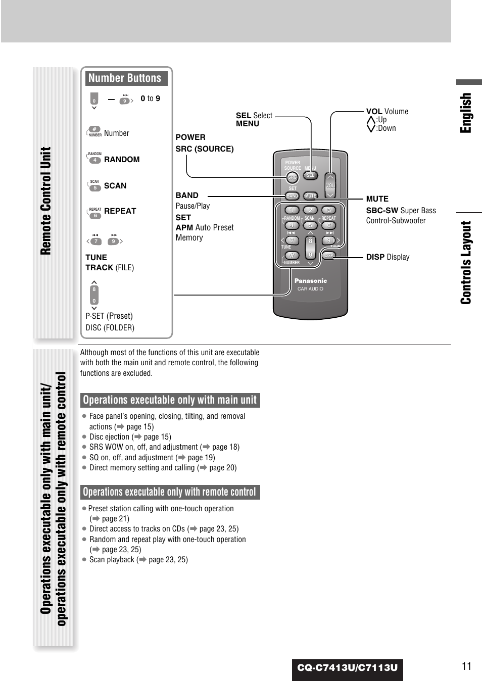 English, Operations executable only with main unit, Operations executable only with remote control | Number buttons | Panasonic CQ-C7413U User Manual | Page 11 / 114