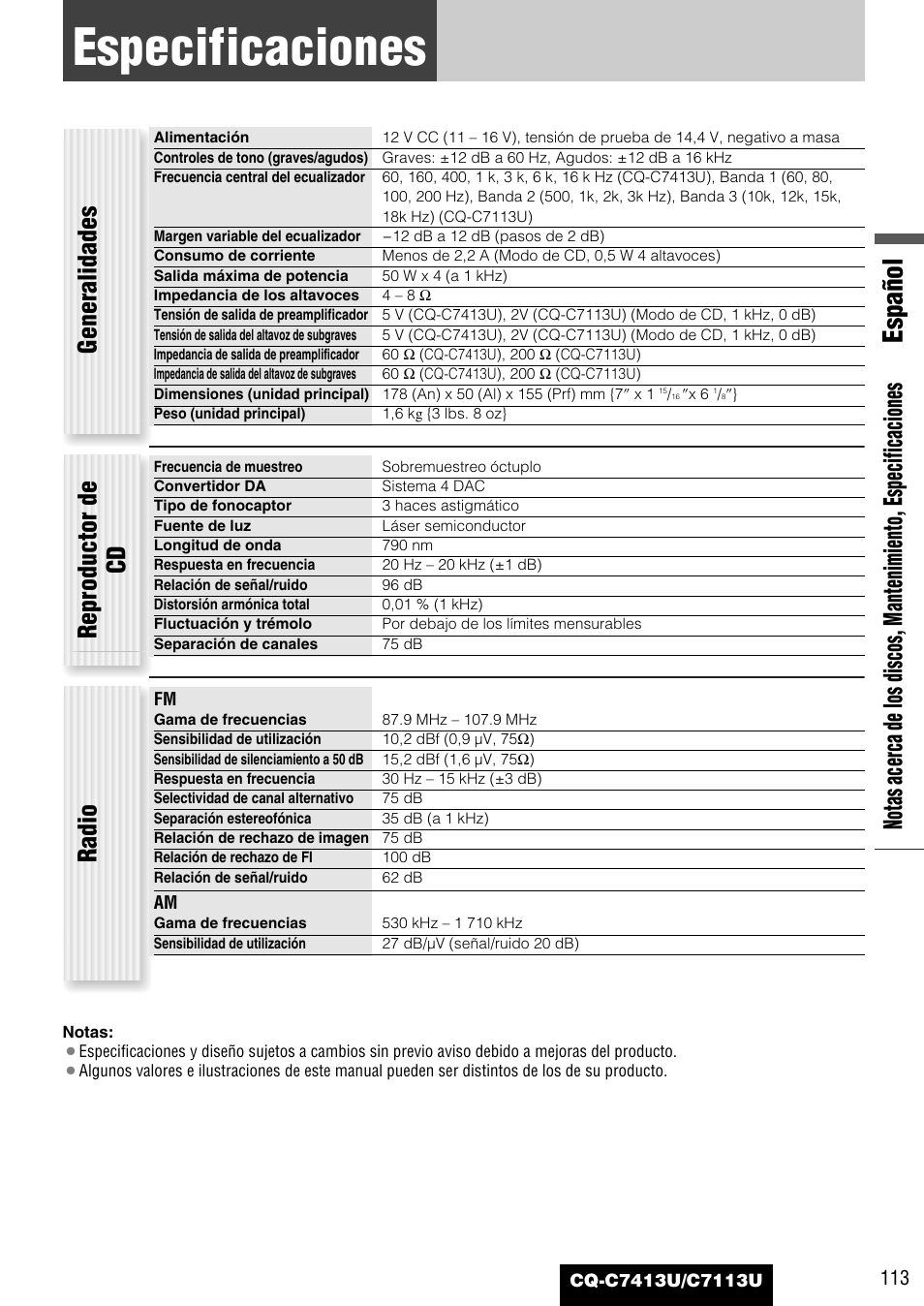 Especificaciones, Español, Generalidades | Radio reproductor de cd | Panasonic CQ-C7413U User Manual | Page 113 / 114