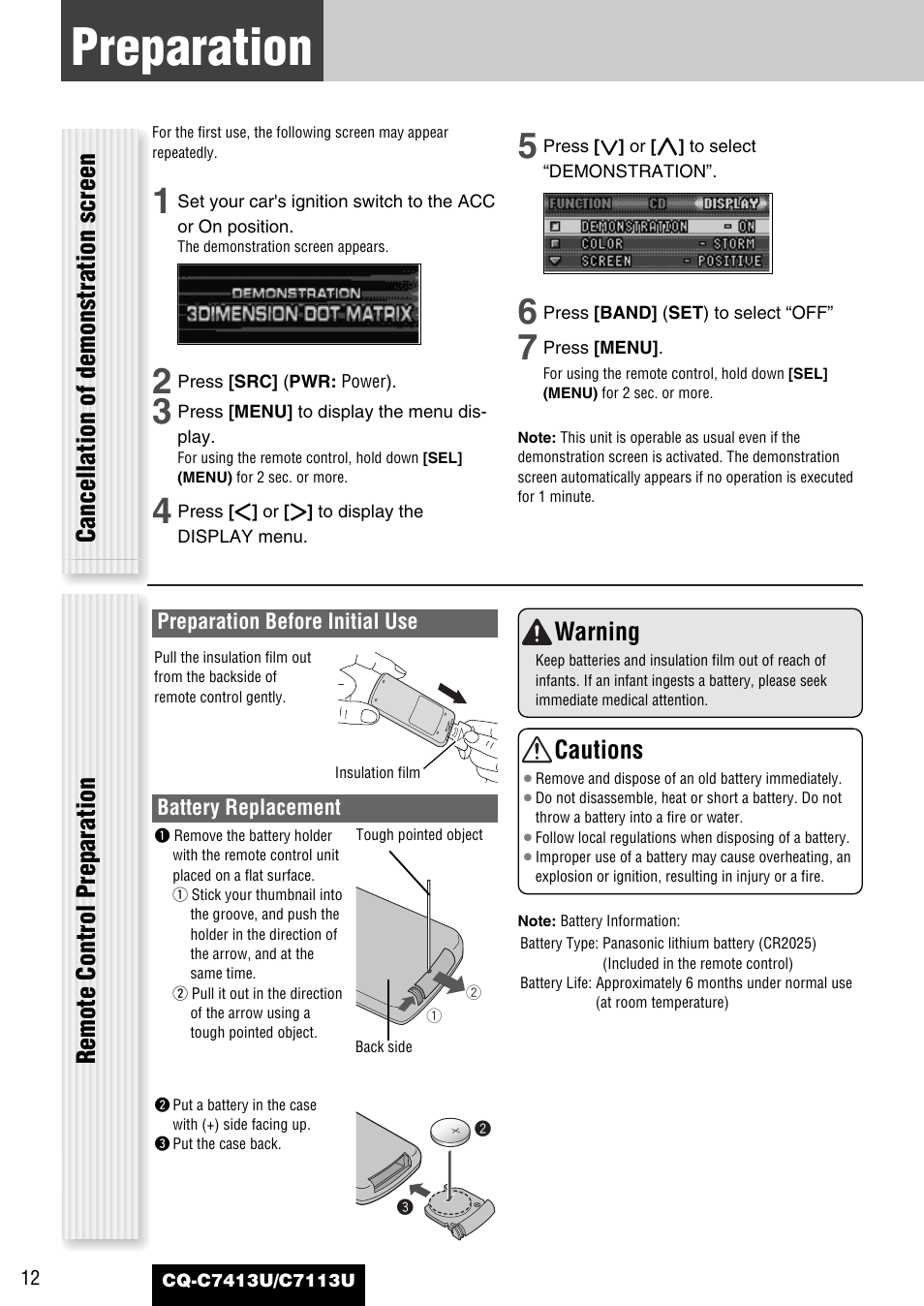 Preparation (clock adjustment etc.), Preparation, Warning | Cautions | Panasonic CQ-C7413U User Manual | Page 12 / 114