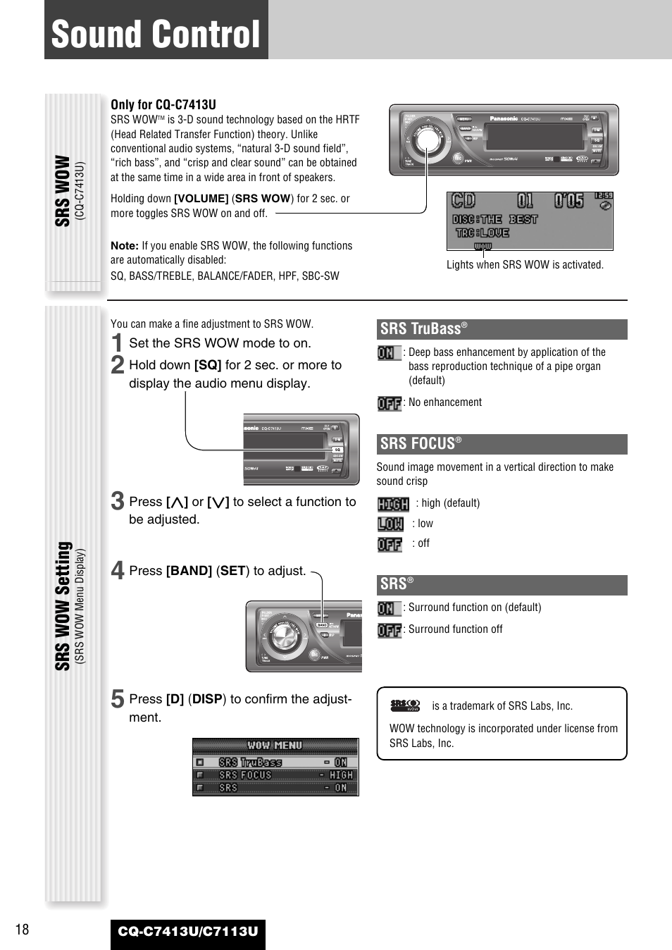 Sound control, Srs wow, Srs wow setting | Panasonic CQ-C7413U User Manual | Page 18 / 114