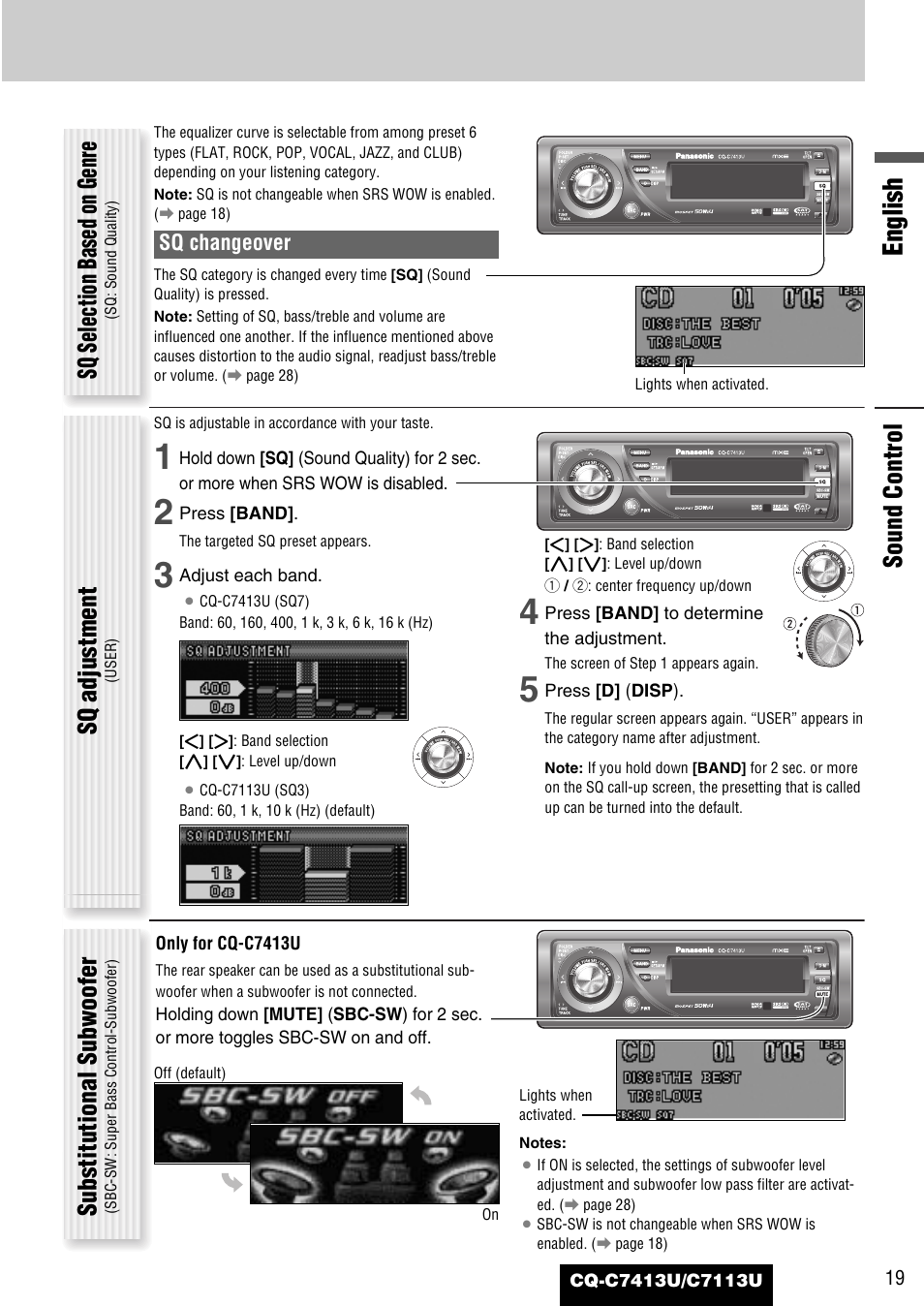 English, Sq selection based on genre, Sq adjustment | Substitutional subwoofer, Sound control, Sq changeover | Panasonic CQ-C7413U User Manual | Page 19 / 114