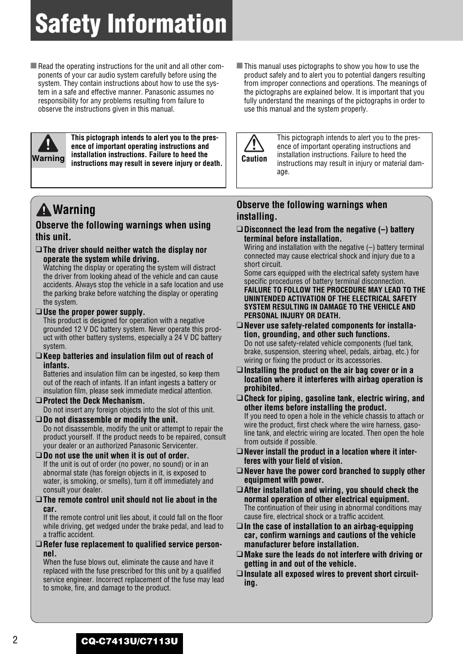General, Safety information, Warning | Panasonic CQ-C7413U User Manual | Page 2 / 114