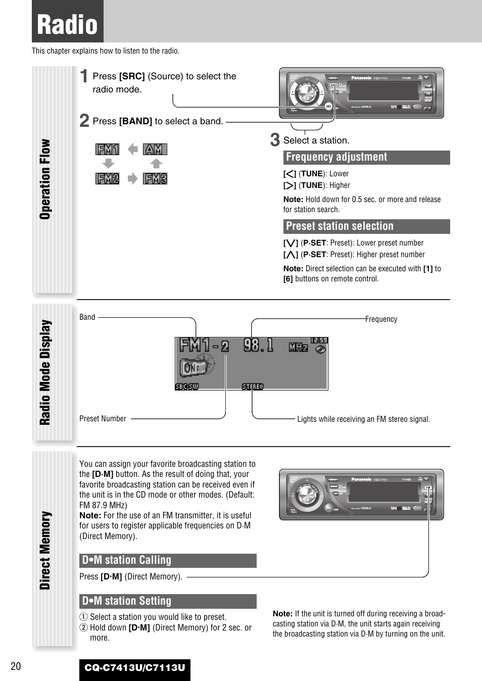 Each source, Radio, Radio mode display operation flow | Panasonic CQ-C7413U User Manual | Page 20 / 114