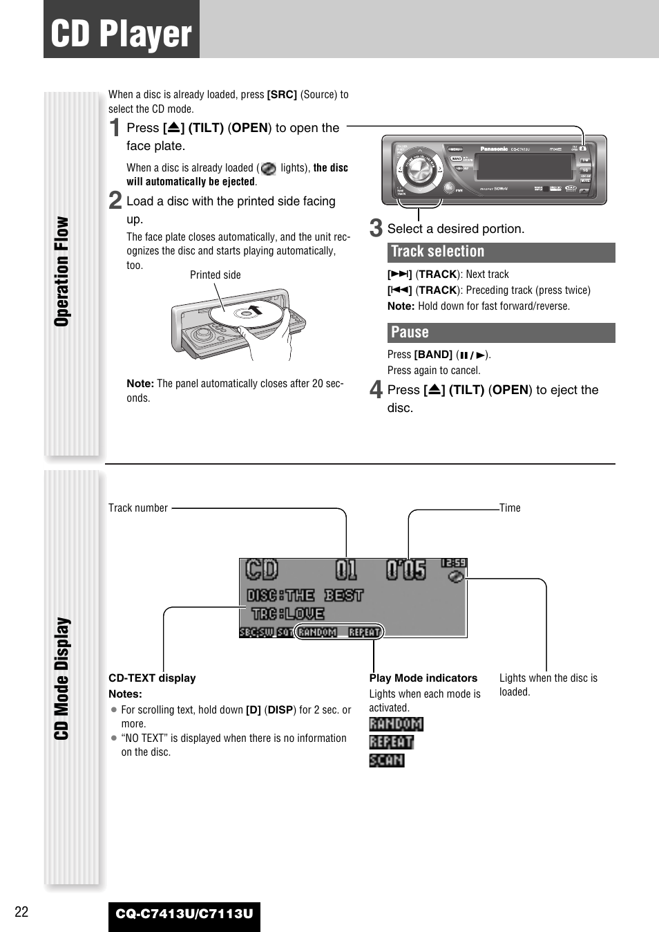 Cd player, Operation flow cd mode display | Panasonic CQ-C7413U User Manual | Page 22 / 114