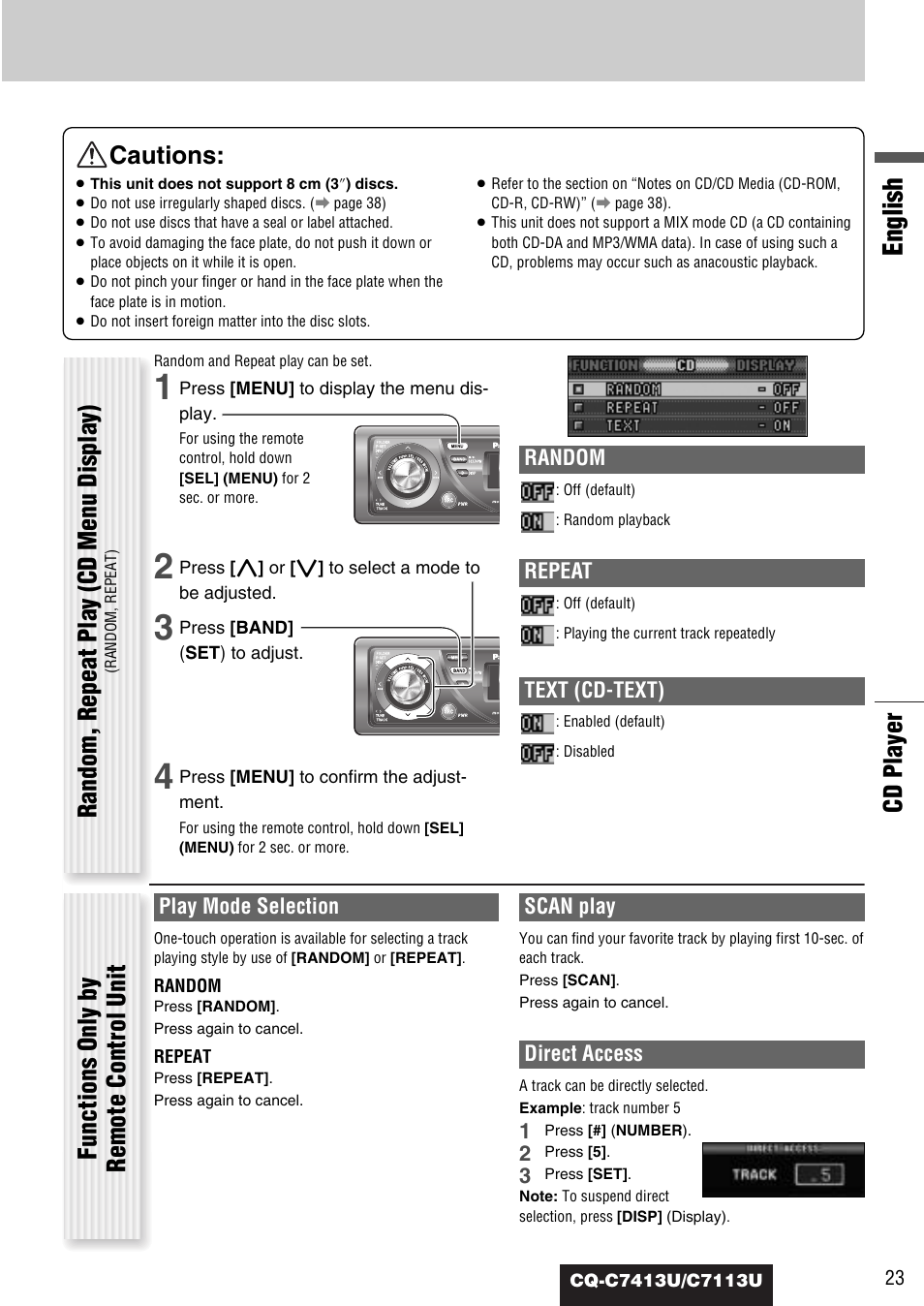 English, Cd player cautions, Random | Repeat, Text (cd-text), Play mode selection, Scan play, Direct access | Panasonic CQ-C7413U User Manual | Page 23 / 114