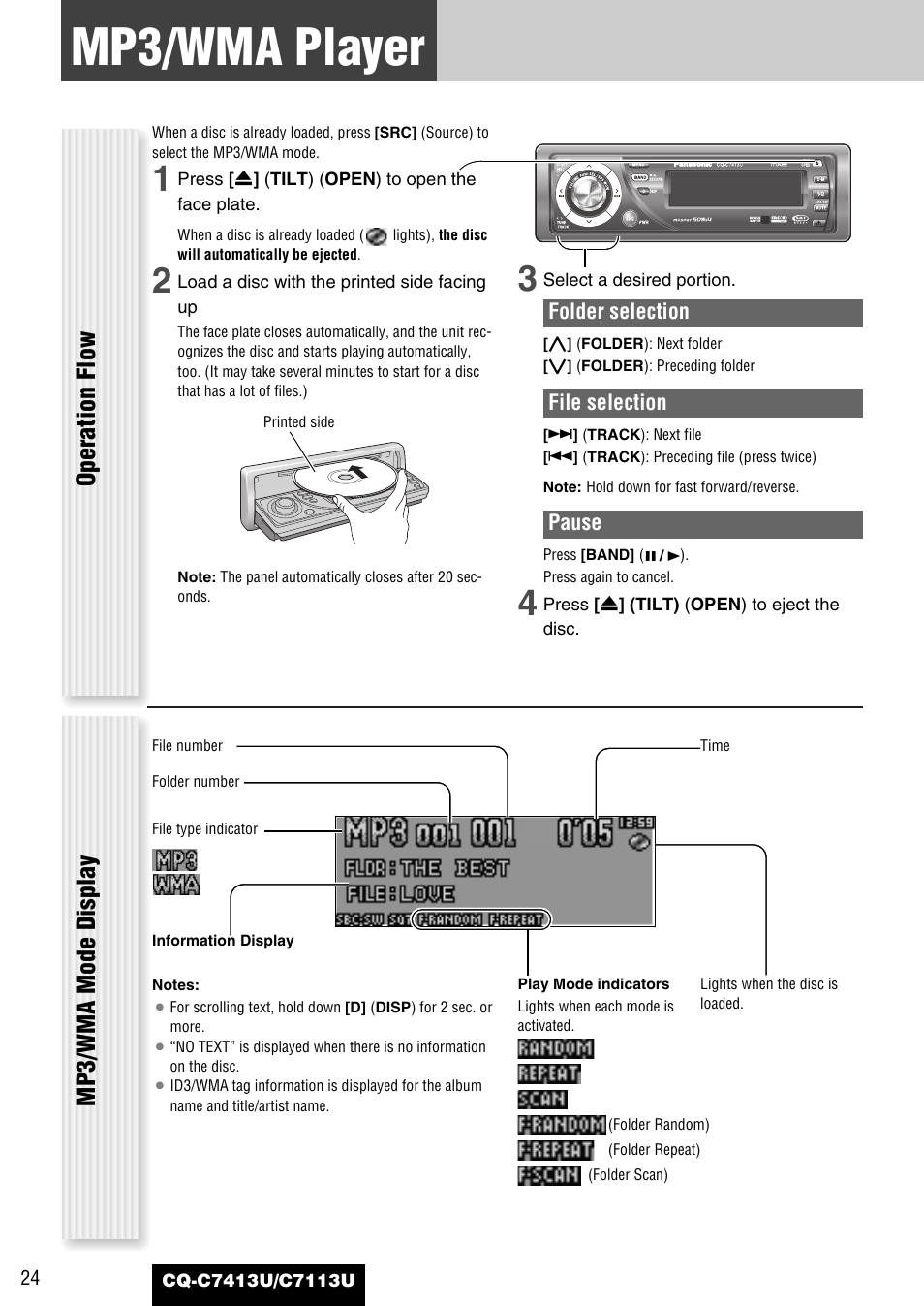 Mp3/wma player, Operation flow, Mp3/wma mode display | Panasonic CQ-C7413U User Manual | Page 24 / 114