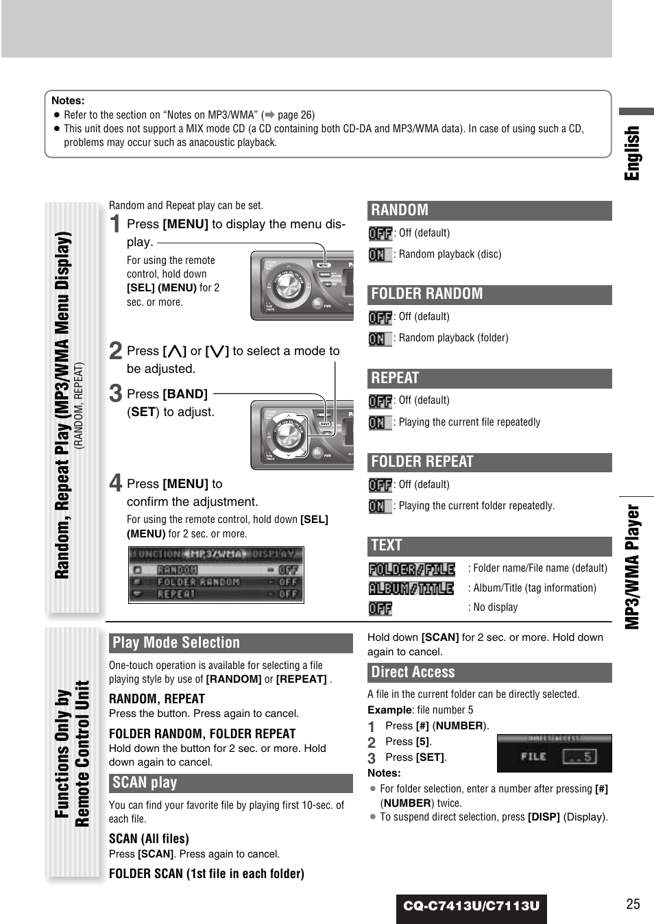 English, Mp3/wma player, Random, repeat play (mp3/wma menu display) | Functions only by remote control unit | Panasonic CQ-C7413U User Manual | Page 25 / 114
