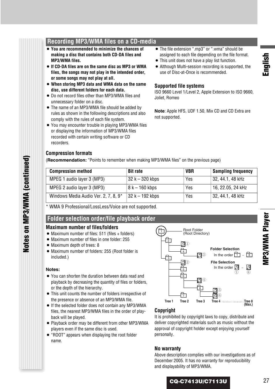 English, Mp3/wma player, Recording mp3/wma files on a cd-media | Folder selection order/file playback order | Panasonic CQ-C7413U User Manual | Page 27 / 114
