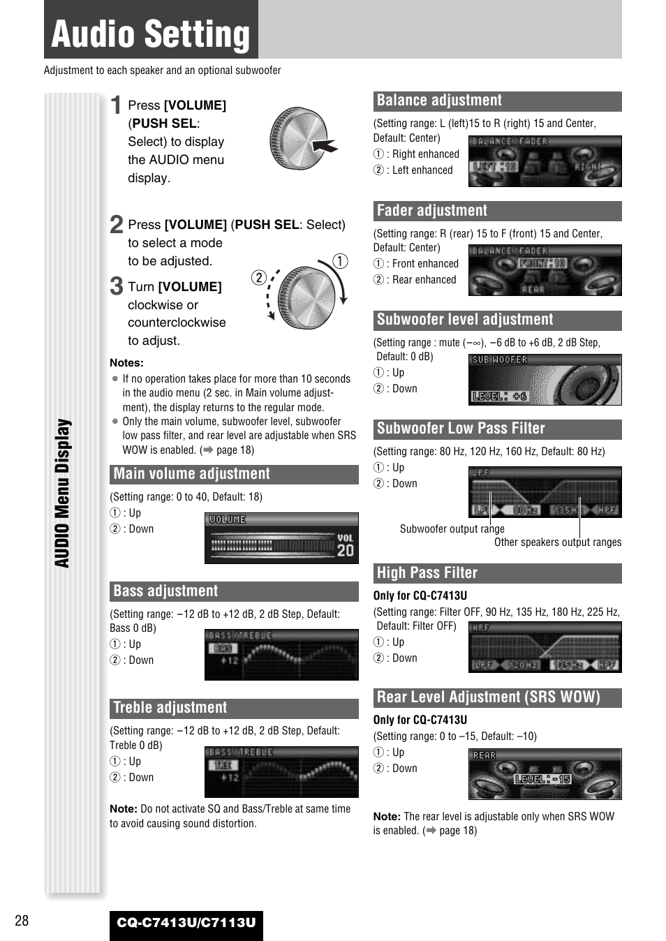 As needed, Audio setting, Audio menu display | Panasonic CQ-C7413U User Manual | Page 28 / 114