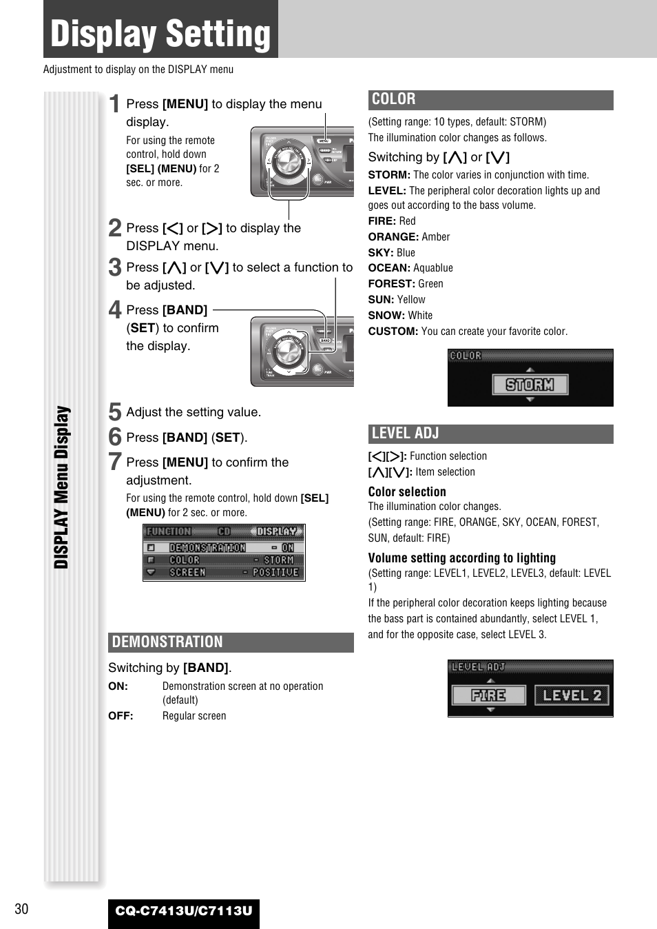 Display setting, Displa y menu display | Panasonic CQ-C7413U User Manual | Page 30 / 114