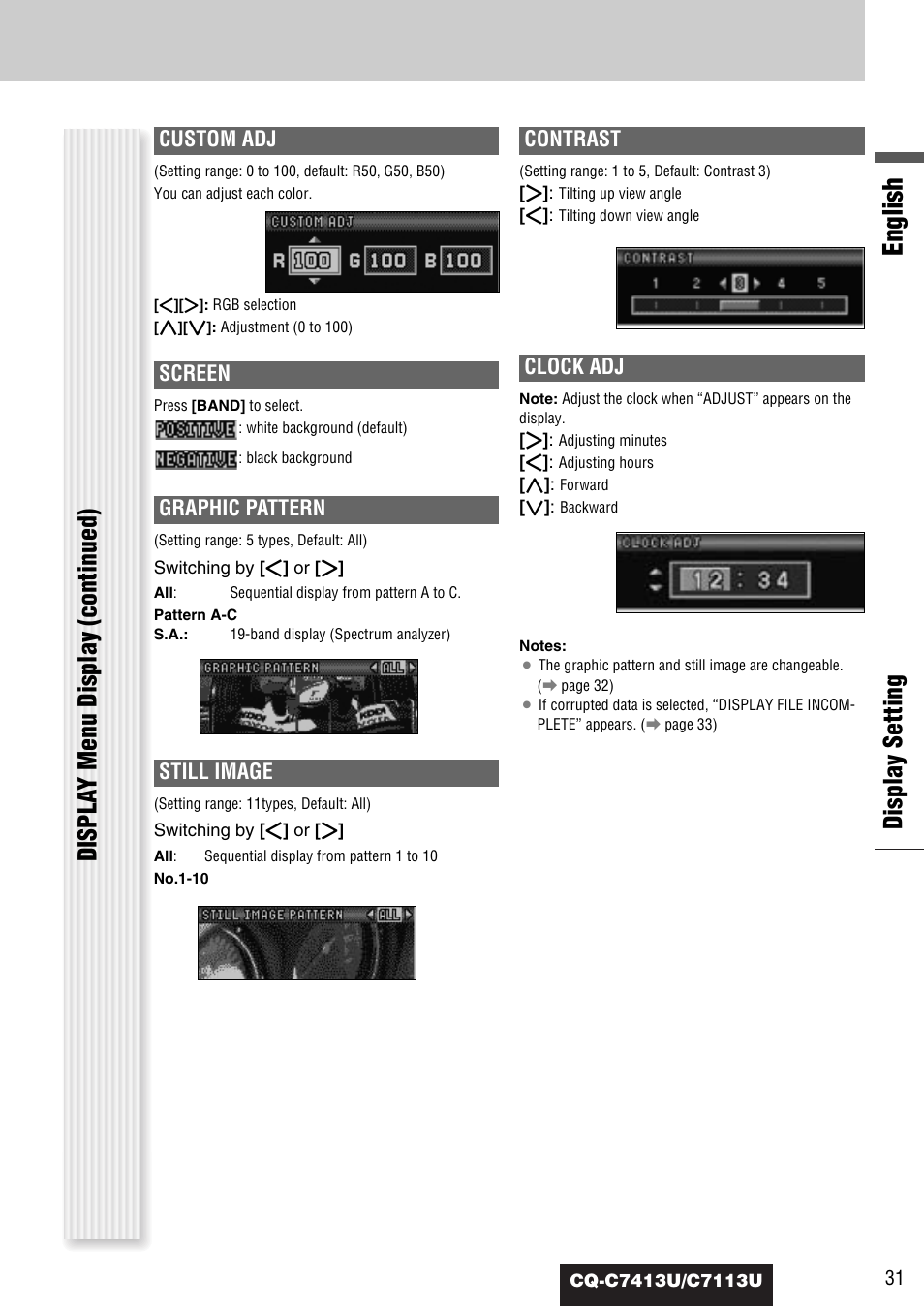 English, Display setting displa y menu display (continued), Graphic pattern | Custom adj, Screen, Still image, Contrast, Clock adj | Panasonic CQ-C7413U User Manual | Page 31 / 114