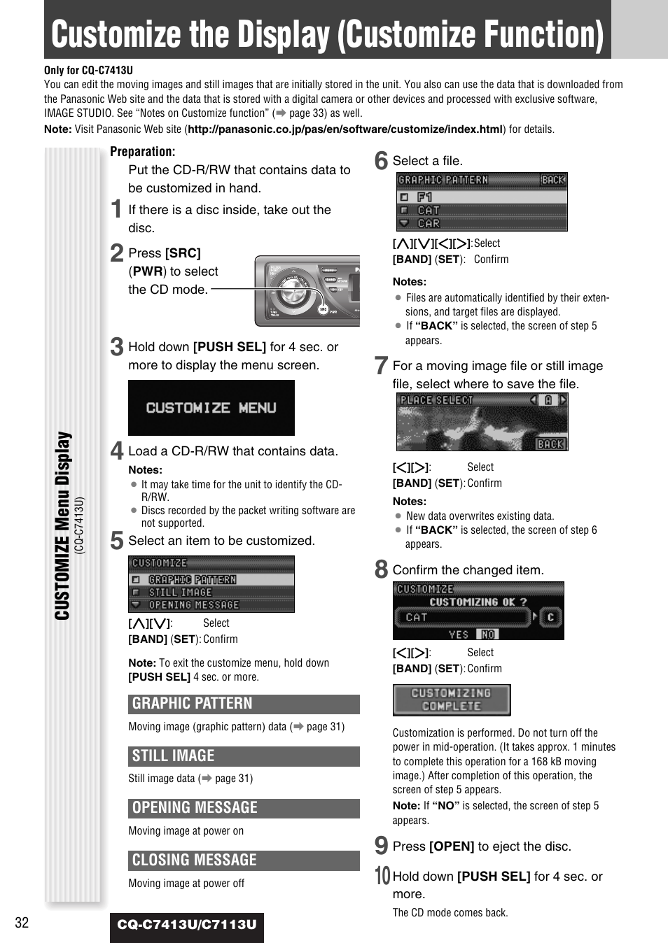 Customize the display (customize function), Customize menu display | Panasonic CQ-C7413U User Manual | Page 32 / 114
