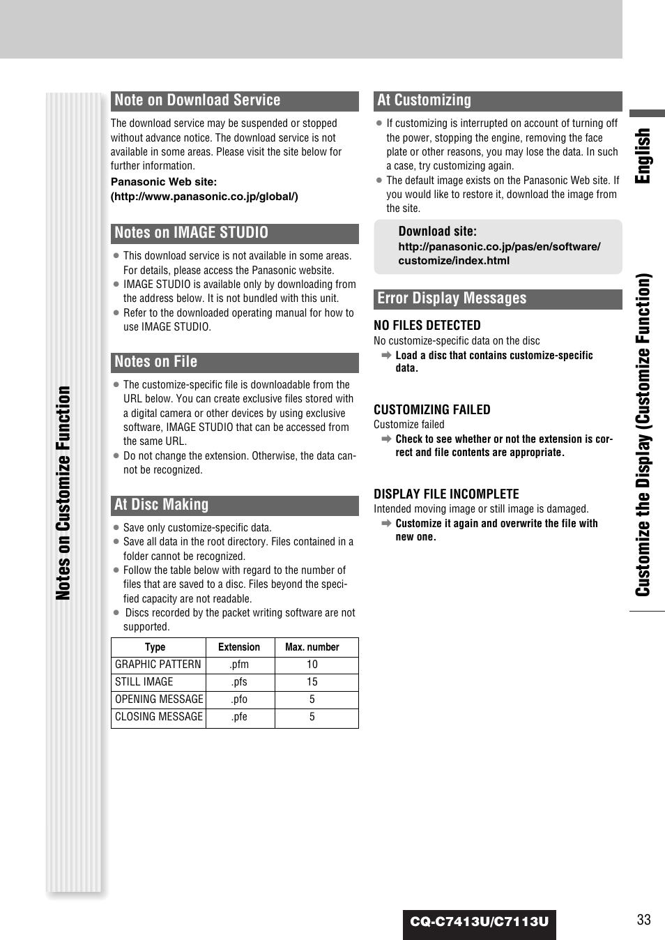 English, At disc making, At customizing | Error display messages | Panasonic CQ-C7413U User Manual | Page 33 / 114