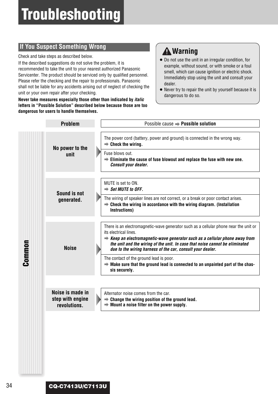 Troubleshooting, Warning, Common | If you suspect something wrong | Panasonic CQ-C7413U User Manual | Page 34 / 114