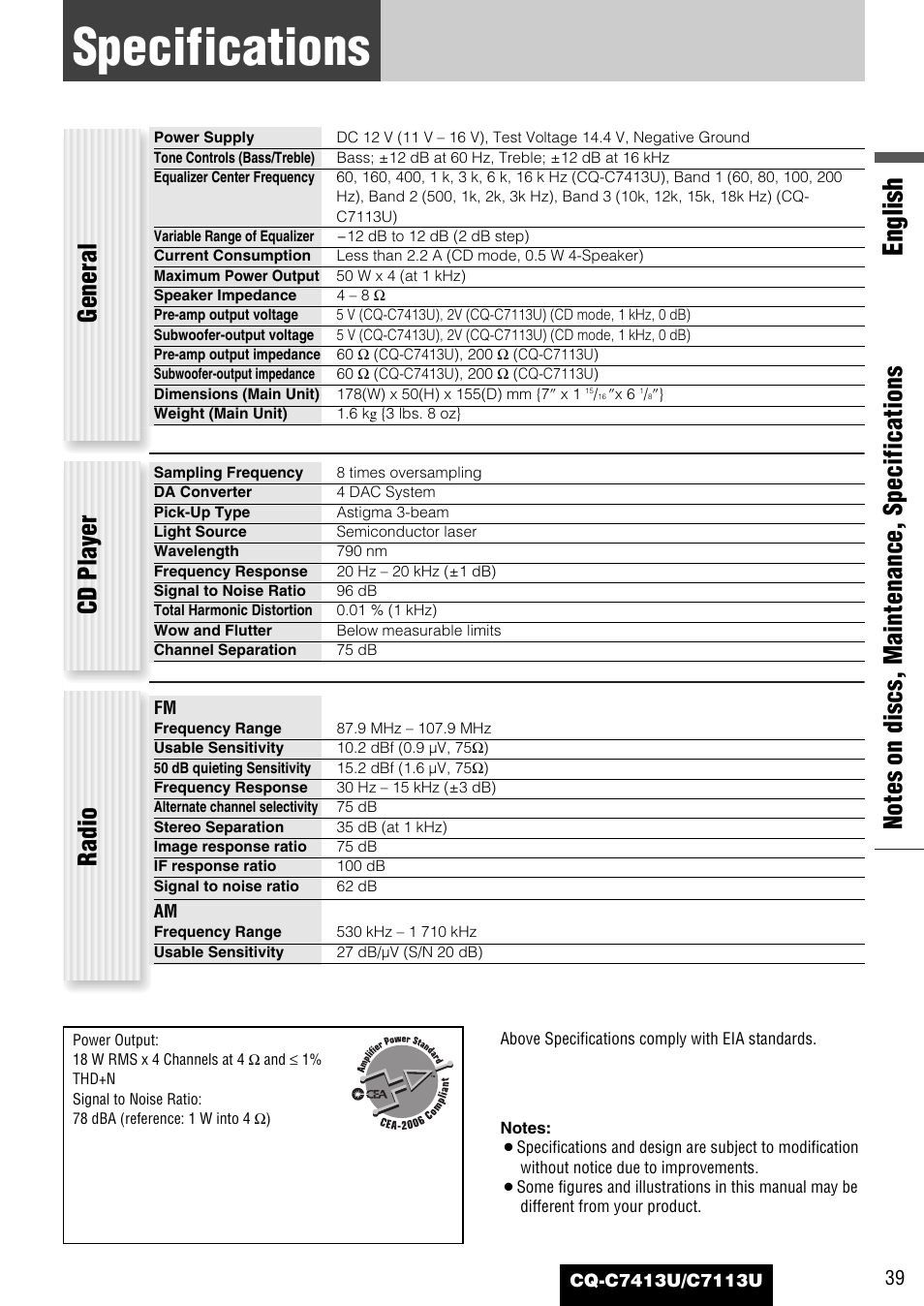 Specifications, English, General | Cd player, Radio | Panasonic CQ-C7413U User Manual | Page 39 / 114