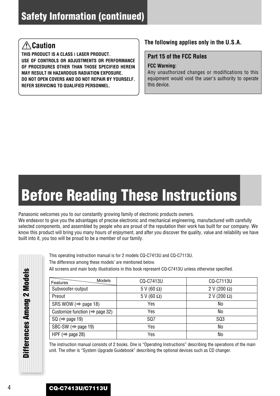 Before reading these instructions, Safety information (continued), Caution | Differences among 2 models | Panasonic CQ-C7413U User Manual | Page 4 / 114