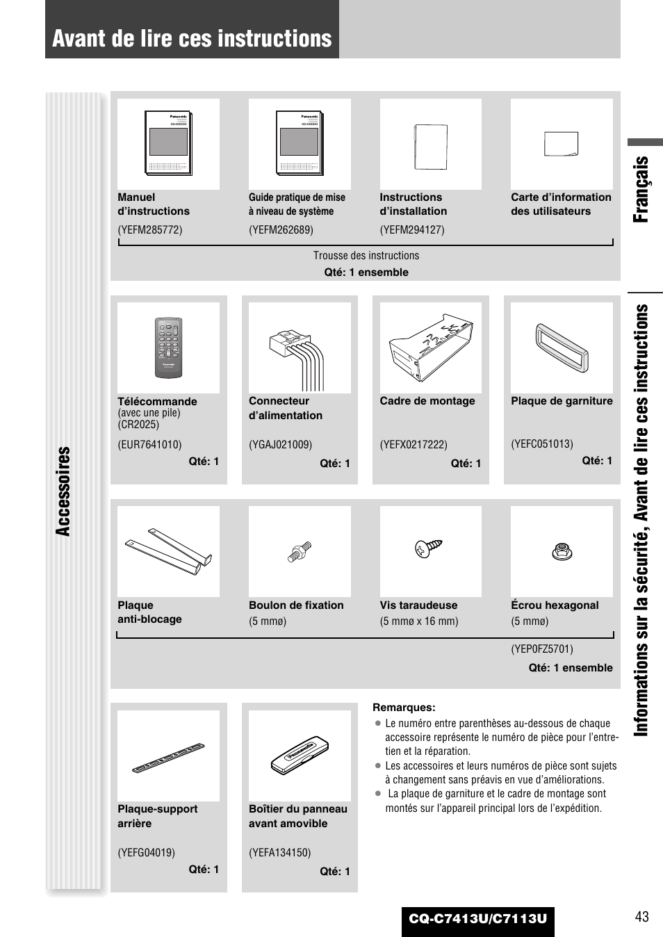 Avant de lire ces instructions, Français, Accessoires | Panasonic CQ-C7413U User Manual | Page 43 / 114
