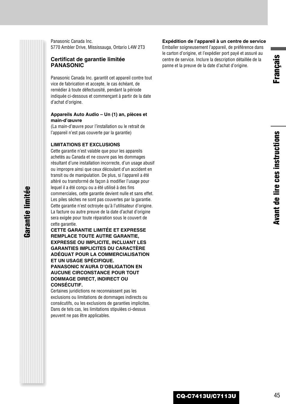 Français, Garantie limitée a vant de lire ces instructions | Panasonic CQ-C7413U User Manual | Page 45 / 114