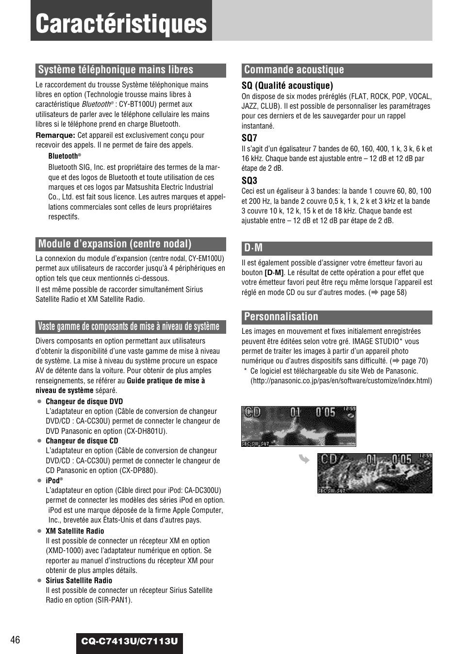 Caracteristiques, Caractéristiques, Système téléphonique mains libres | Module d’expansion (centre nodal), Commande acoustique, Personnalisation | Panasonic CQ-C7413U User Manual | Page 46 / 114