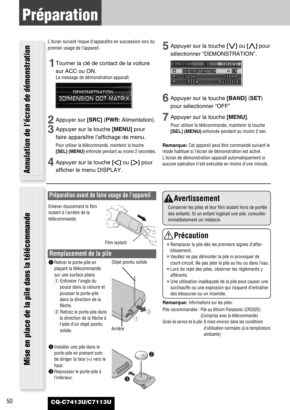 Preparation, Préparation, Avertissement | Précaution | Panasonic CQ-C7413U User Manual | Page 50 / 114