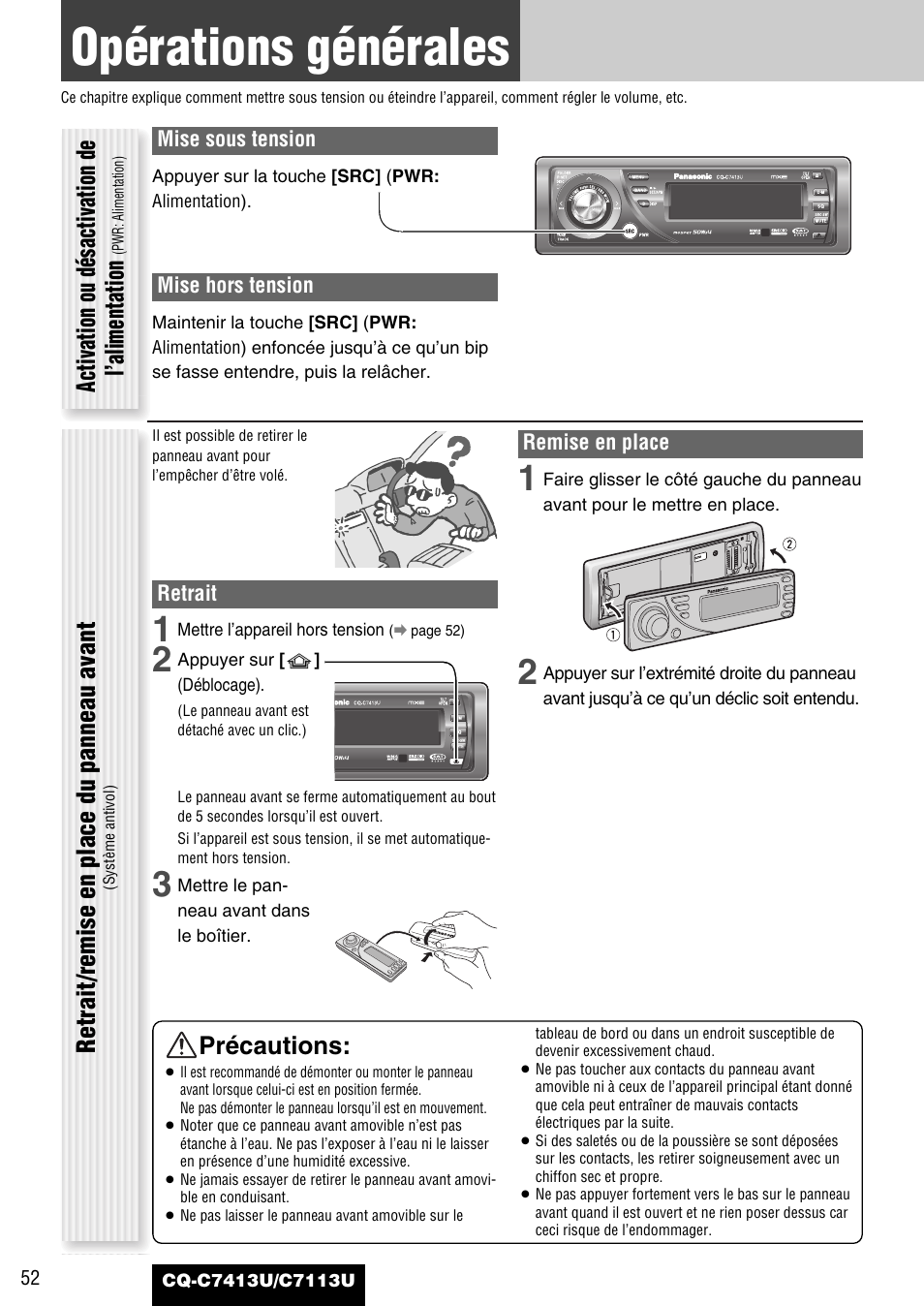Operations generales, Opérations générales, Précautions | Activation ou désactivation de l’alimentation, Retrait/remise en place du panneau avant | Panasonic CQ-C7413U User Manual | Page 52 / 114