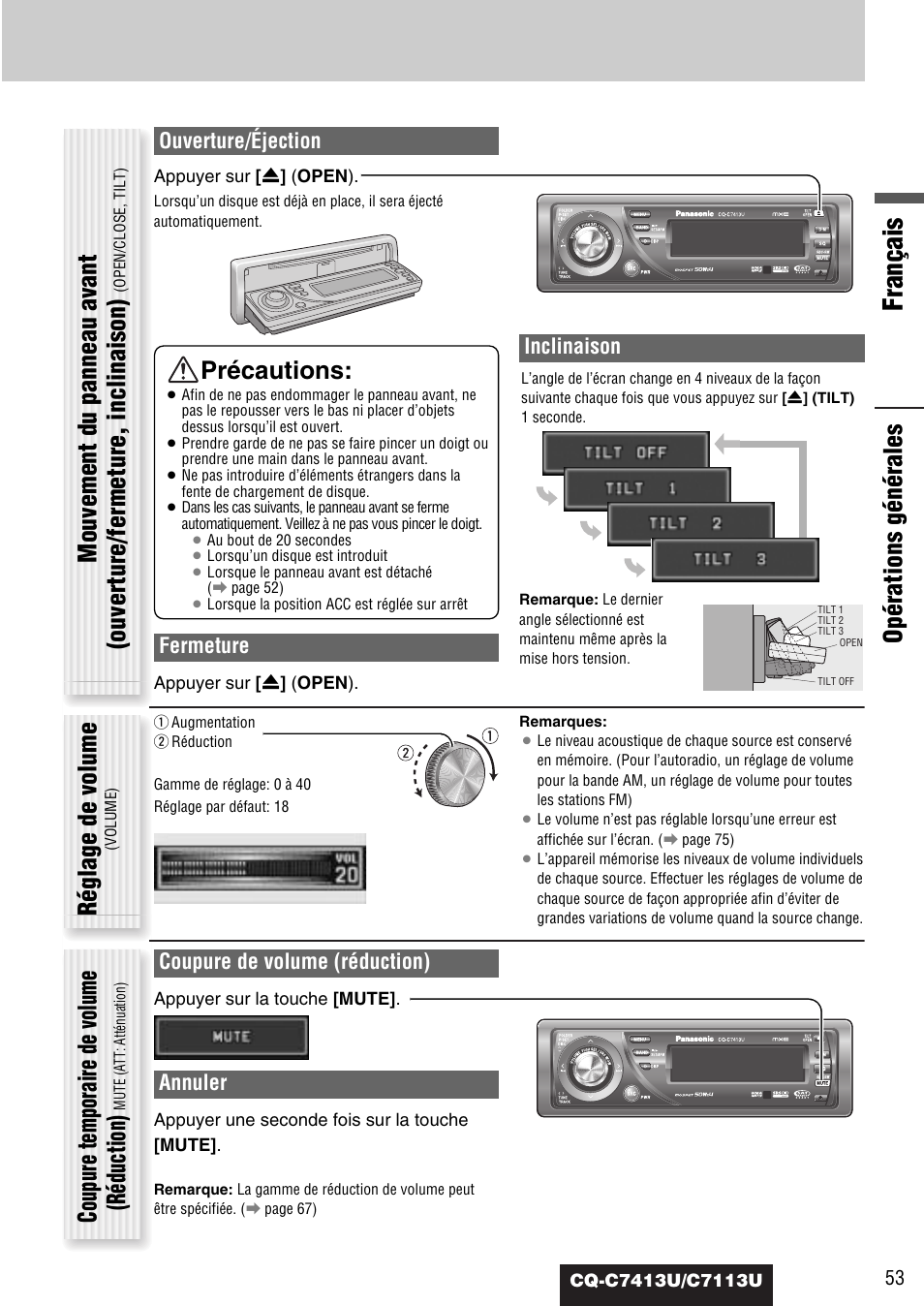 Français, Réglage de volume, Coupure temporaire de volume (réduction) | Précautions, Opérations générales, Ouverture/éjection, Fermeture, Inclinaison, Coupure de volume (réduction), Annuler | Panasonic CQ-C7413U User Manual | Page 53 / 114