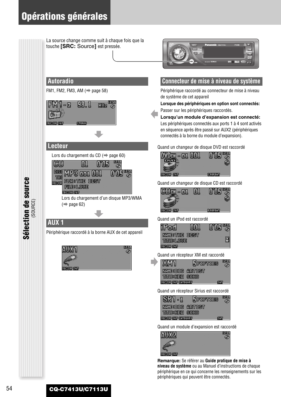 Opérations générales, Sélection de source, Autoradio | Lecteur, Aux 1, Connecteur de mise à niveau de système | Panasonic CQ-C7413U User Manual | Page 54 / 114