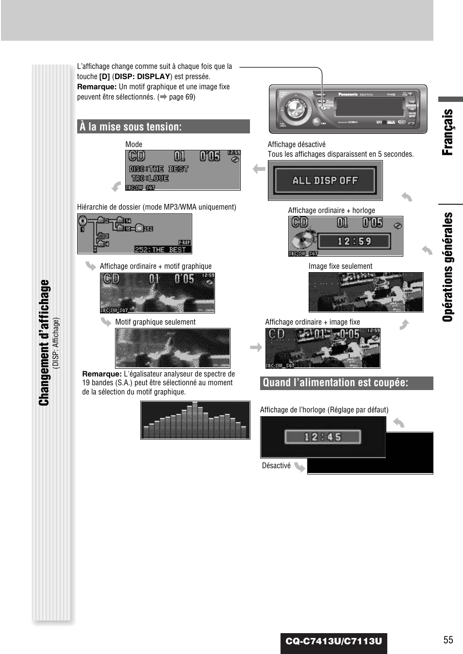 Français, Opérations générales, Changement d’affichage | Quand l’alimentation est coupée, À la mise sous tension | Panasonic CQ-C7413U User Manual | Page 55 / 114