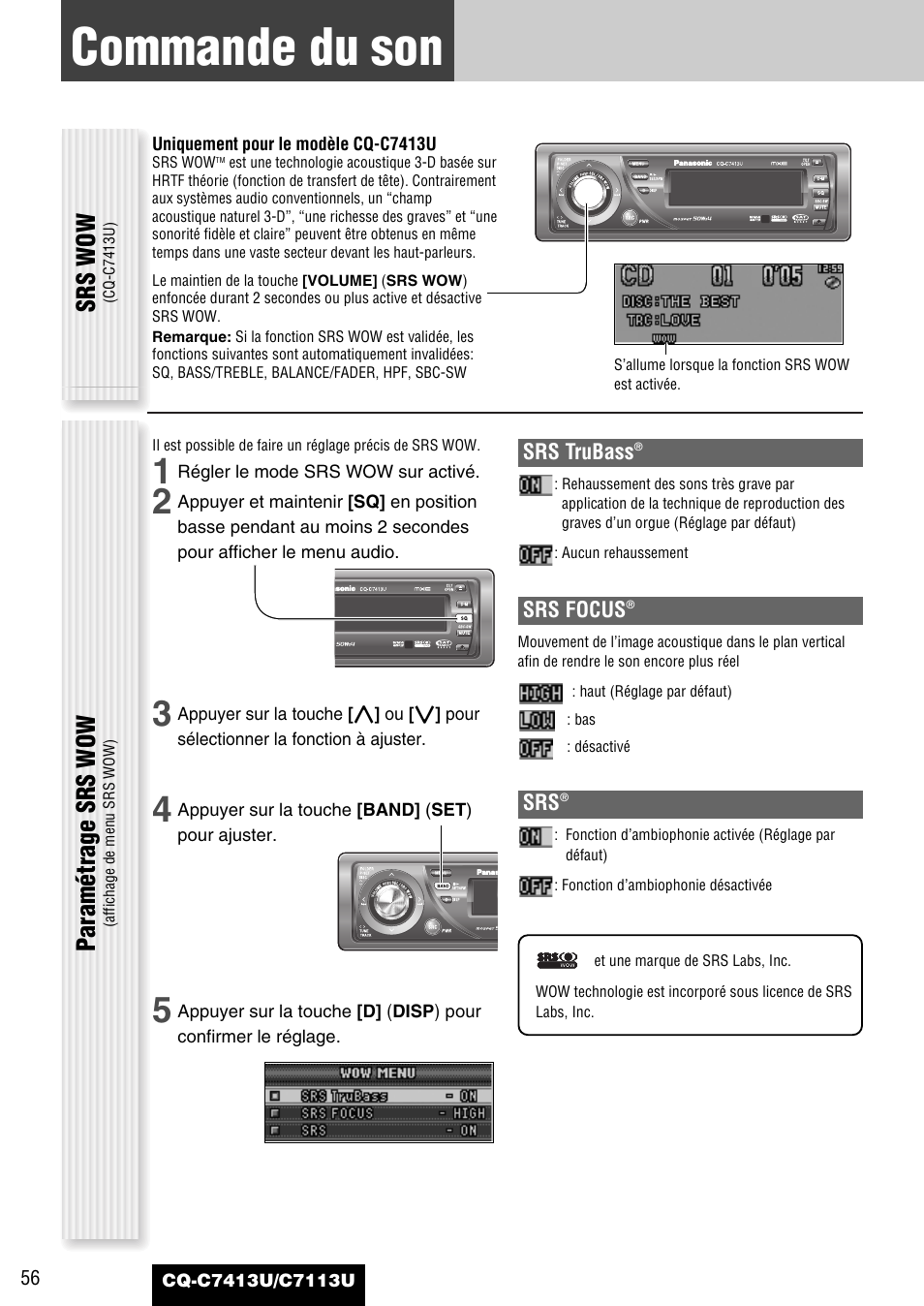 Commande du son, Srs wow, Paramétrage srs wow | Panasonic CQ-C7413U User Manual | Page 56 / 114
