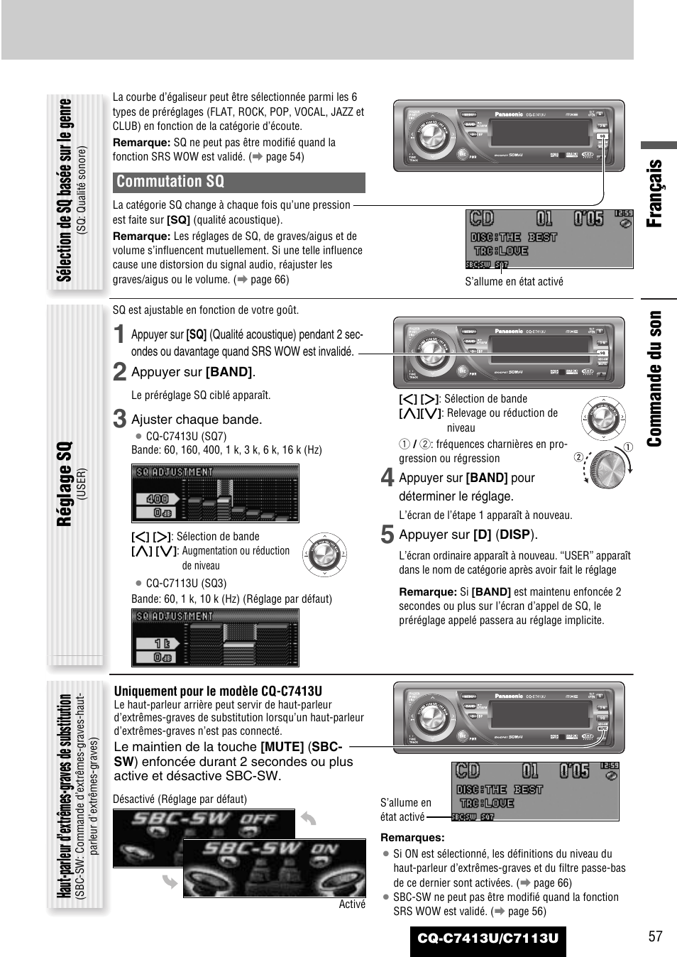 Français, Sélection de sq basée sur le genre, Réglage sq | Haut-parleur d’extrêmes-graves de substitution, Commande du son, Commutation sq | Panasonic CQ-C7413U User Manual | Page 57 / 114