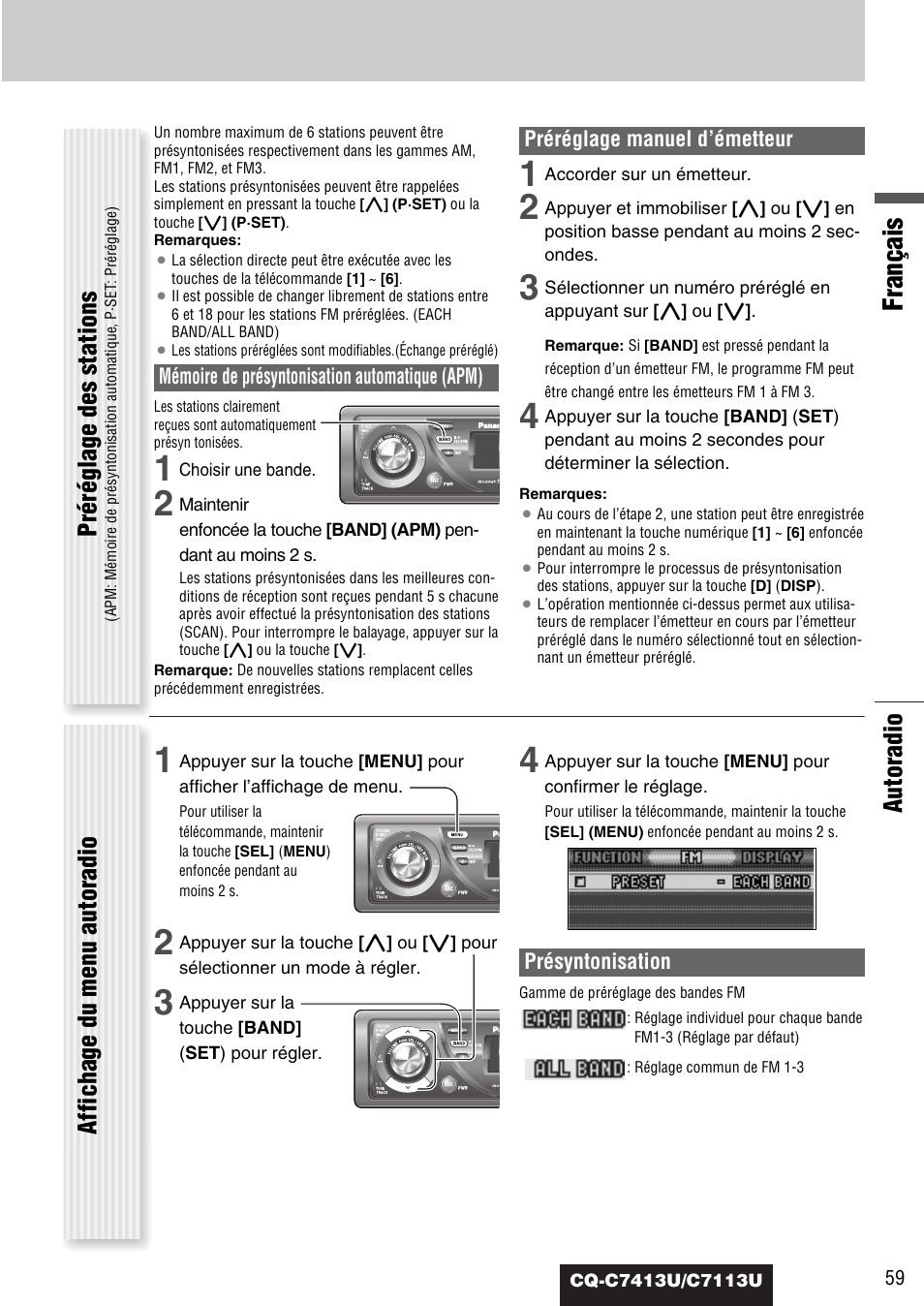 Français, Autoradio, Préréglage des stations | Affichage du menu autoradio | Panasonic CQ-C7413U User Manual | Page 59 / 114