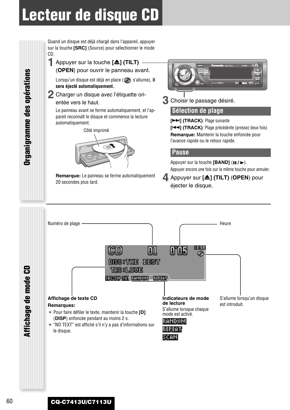 Lecteur de disque cd, Organigramme des opérations affichage de mode cd | Panasonic CQ-C7413U User Manual | Page 60 / 114