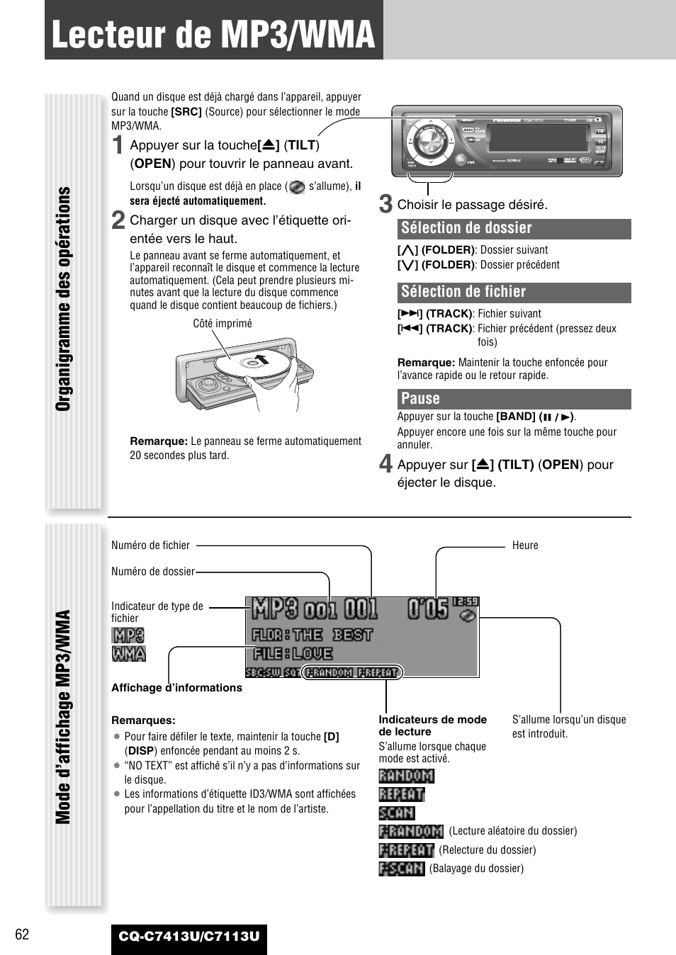 Lecteur de mp3/wma, Organigramme des opérations, Mode d’affichage mp3/wma | Panasonic CQ-C7413U User Manual | Page 62 / 114