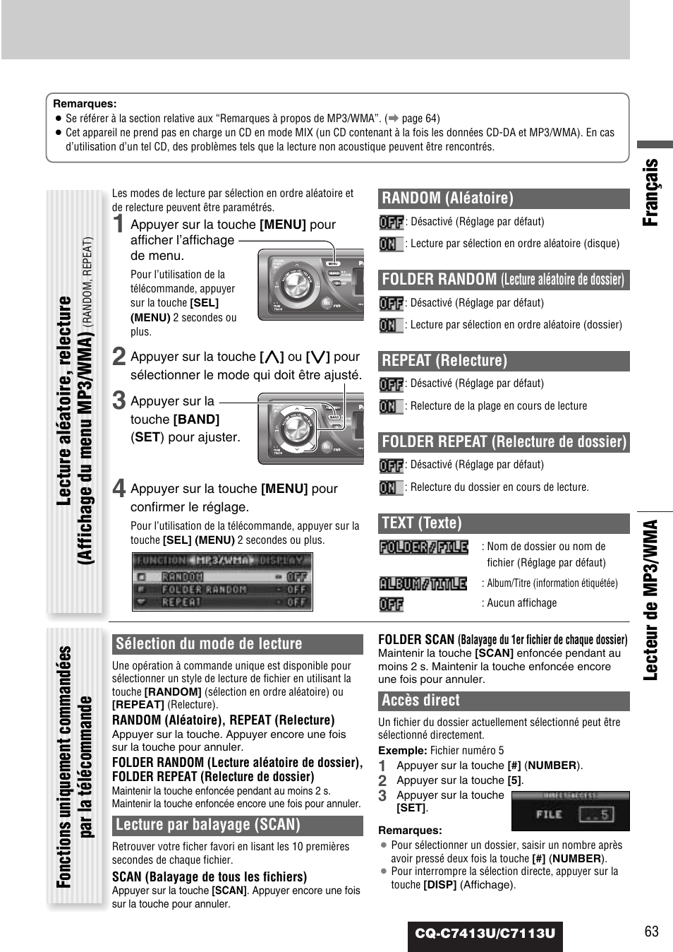 Français, Lecteur de mp3/wma | Panasonic CQ-C7413U User Manual | Page 63 / 114