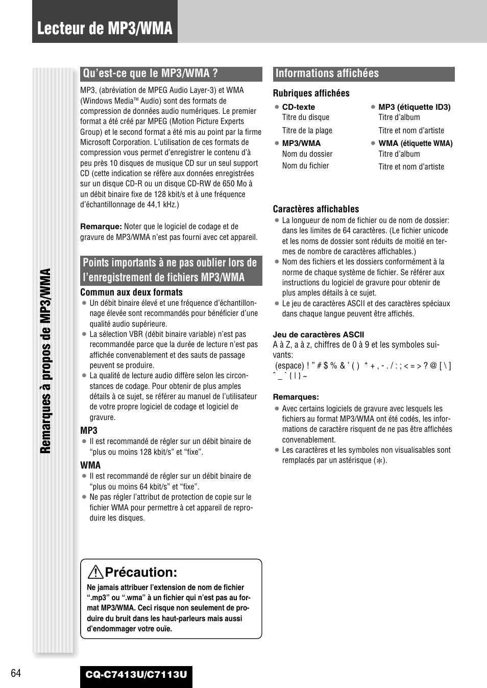 Lecteur de mp3/wma, Remarques à propos de mp3/wma précaution, Qu’est-ce que le mp3/wma | Informations affichées | Panasonic CQ-C7413U User Manual | Page 64 / 114