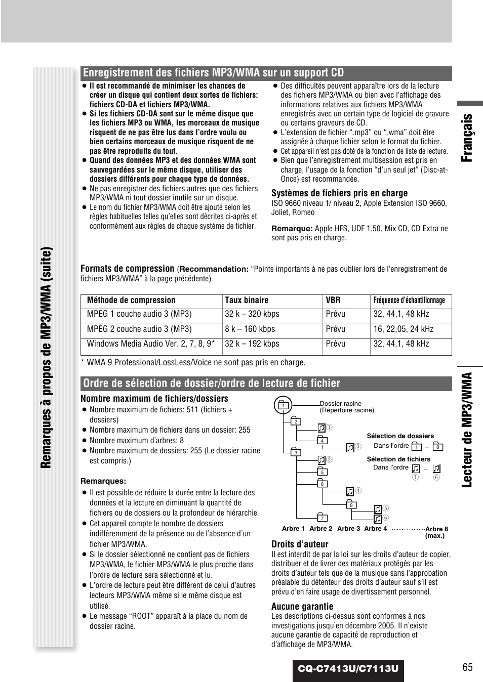 Français, Lecteur de mp3/wma, Remarques à propos de mp3/wma (suite) | Panasonic CQ-C7413U User Manual | Page 65 / 114